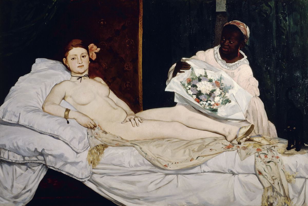 Il dipinto Olympia di Édouard Manet raffigura una donna nuda, sdraiata sul letto, che fissa gli occhi di chi guarda;  dietro di lei, una donna in abito rosa le porge un mazzo di fiori