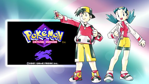 Grafica ufficiale del gioco per Pokemon Crystal, raffigurante il logo del gioco in un rettangolo sul lato sinistro dell'immagine e i due protagonisti del gioco (maschio e femmina) sul lato destro