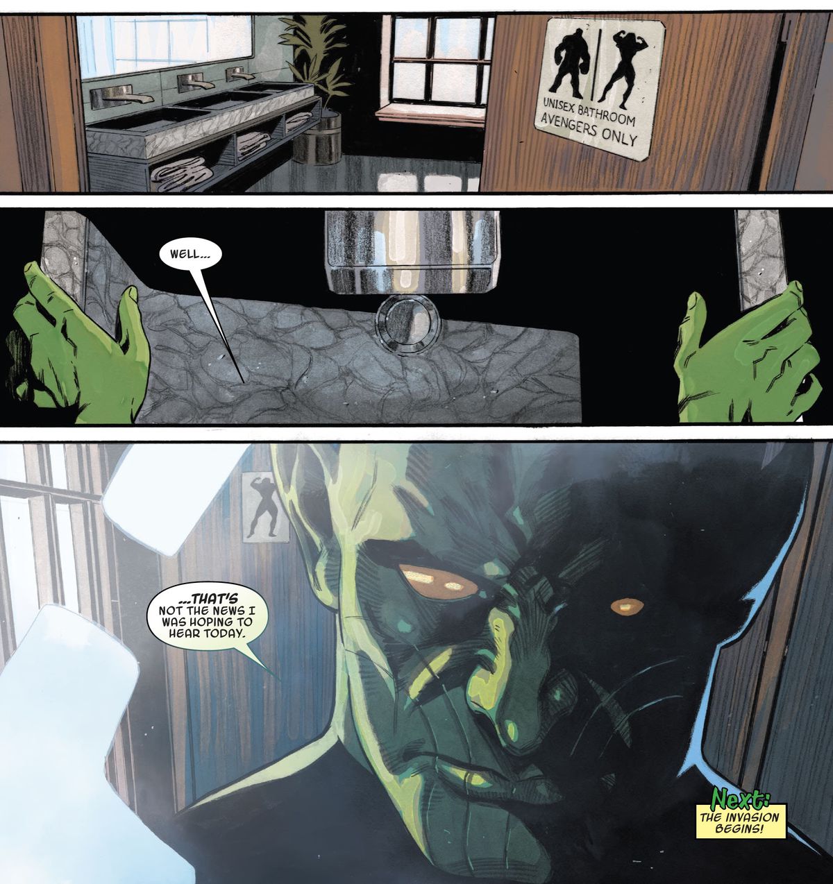 Una veduta della porta del bagno unisex per “Avengers Only”, contrassegnata da un cartello raffigurante Hulk e She-Hulk in silhouette.  All'interno, uno Skrull rivelato parla a se stesso in uno specchio 