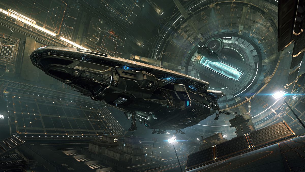 Elite: Dangerous screenshot che mostra un'astronave di classe Anaconda attraccata all'interno di uno starport Orbis.