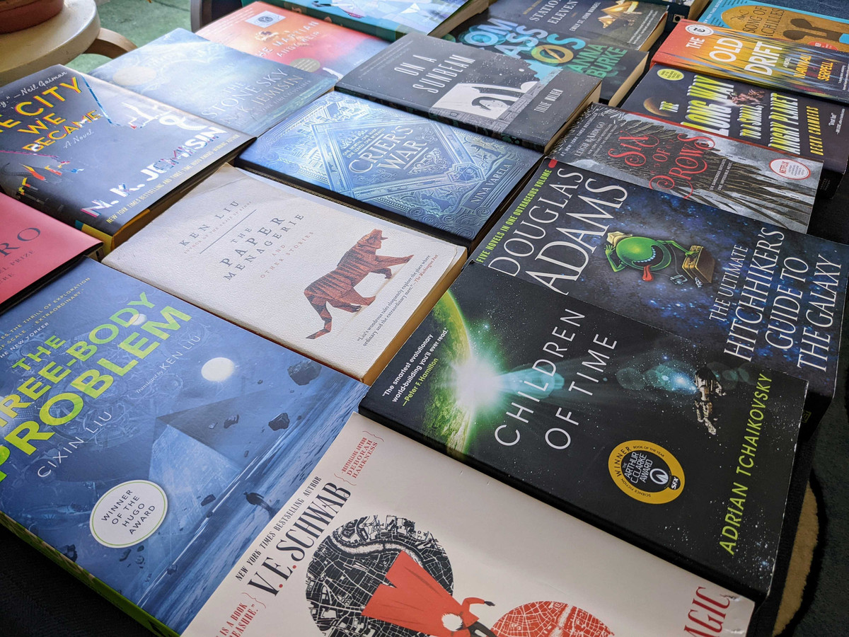 Un'immagine di libri di fantascienza e fantasy disposti fianco a fianco, girati da un angolo.  I libri includono Children of Time, Three-Body Problem, On a Sunbeam, Six of Crows e altri.