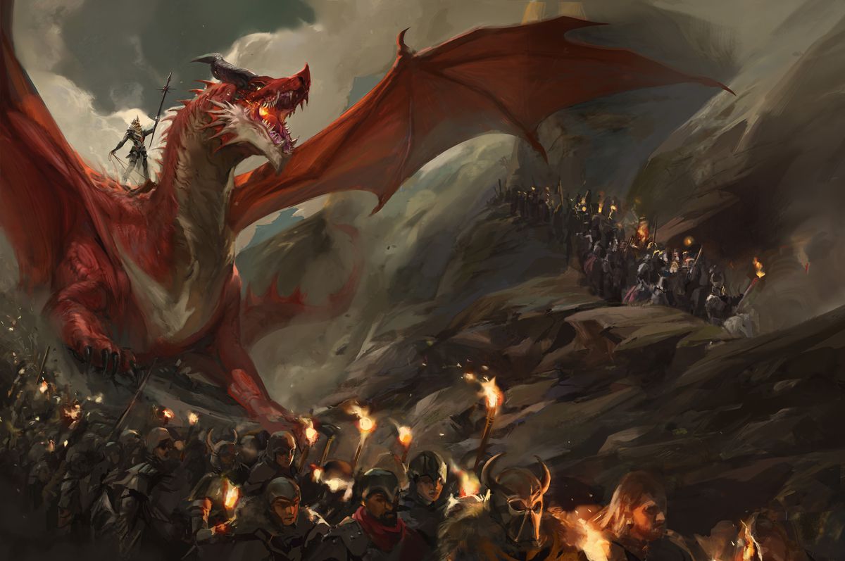 Nell'opera d'arte di Dragonlance: Shadow of the Dragon Queen, il drago rosso, il suo cavaliere in sella, si affaccia su due colonne di truppe che si muovono attraverso un passo di montagna.  I cieli sono scuri e il passo è stretto.