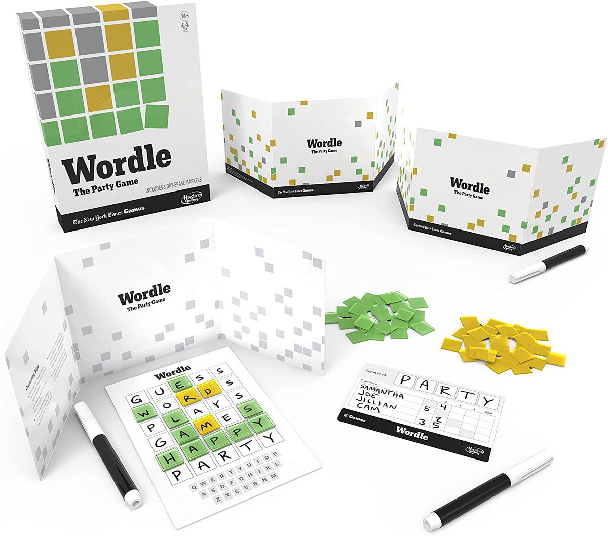 I componenti di Wordle: The Party Game includono tre scudi, tre tabelloni di gioco, tre pennarelli cancellabili a secco e una raccolta di quadrati verdi e gialli trasparenti.  C'è anche una scatola per tenerli tutti.