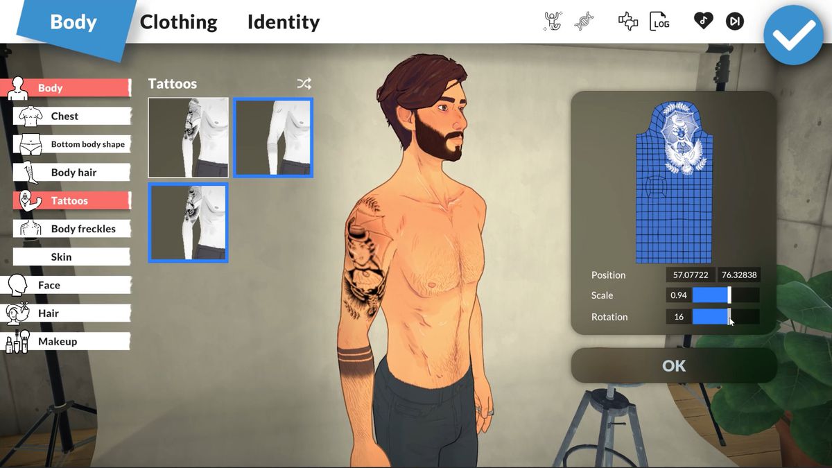 Paralives - Uno schermo per la creazione di personaggi con un giovane in piedi contro uno schermo.  Il giocatore sta mettendo un tatuaggio sulla parte superiore del braccio dell'uomo.