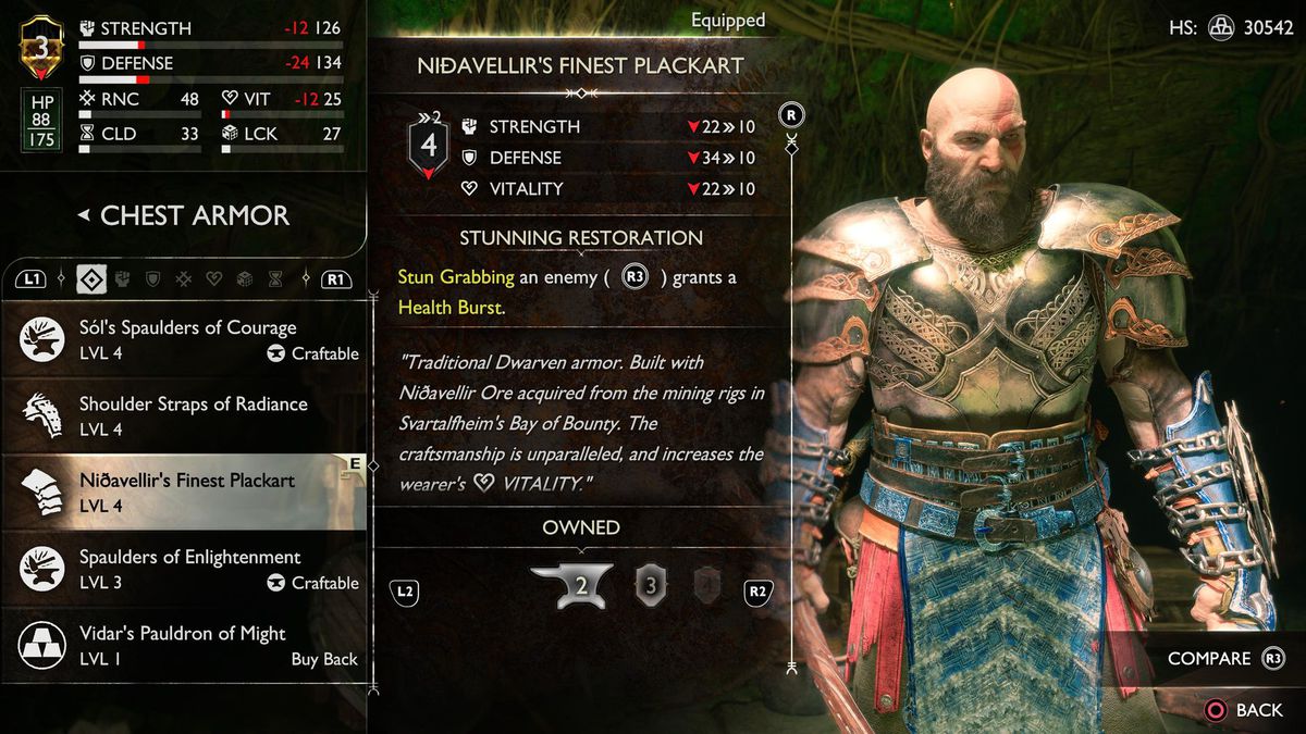Kratos indossa il Nidavellir's Finest Plackart come uno dei migliori set di armature di Go of War Ragnarok.