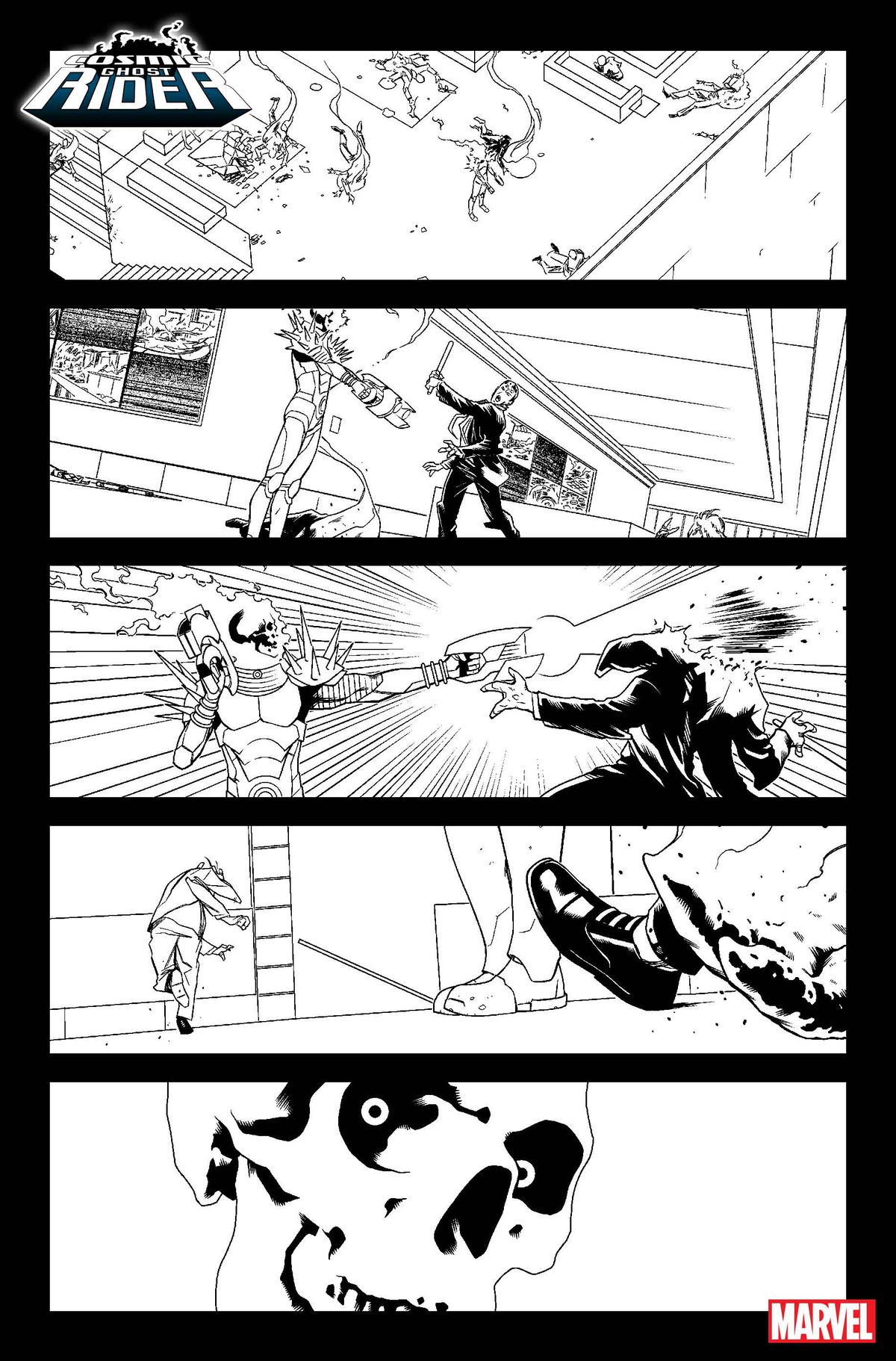 Cosmic Ghost Rider fa saltare la testa a un ragazzo e ne guarda un altro fuggire in arte in bianco e nero da Cosmic Ghost Rider # 1 (2023).
