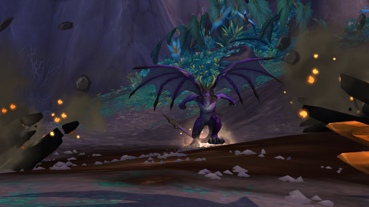 Un ibrido Dracthyr umano-drago lancia un incantesimo che rompe il terreno in World of Warcraft: Dragonflight