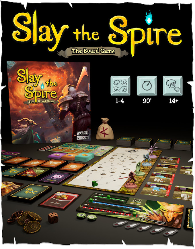 Un layout di Slay the Spire: The Board Game, che include la mappa, molte carte, una plancia giocatore e quattro minifigure di personaggi, tra gli altri oggetti.
