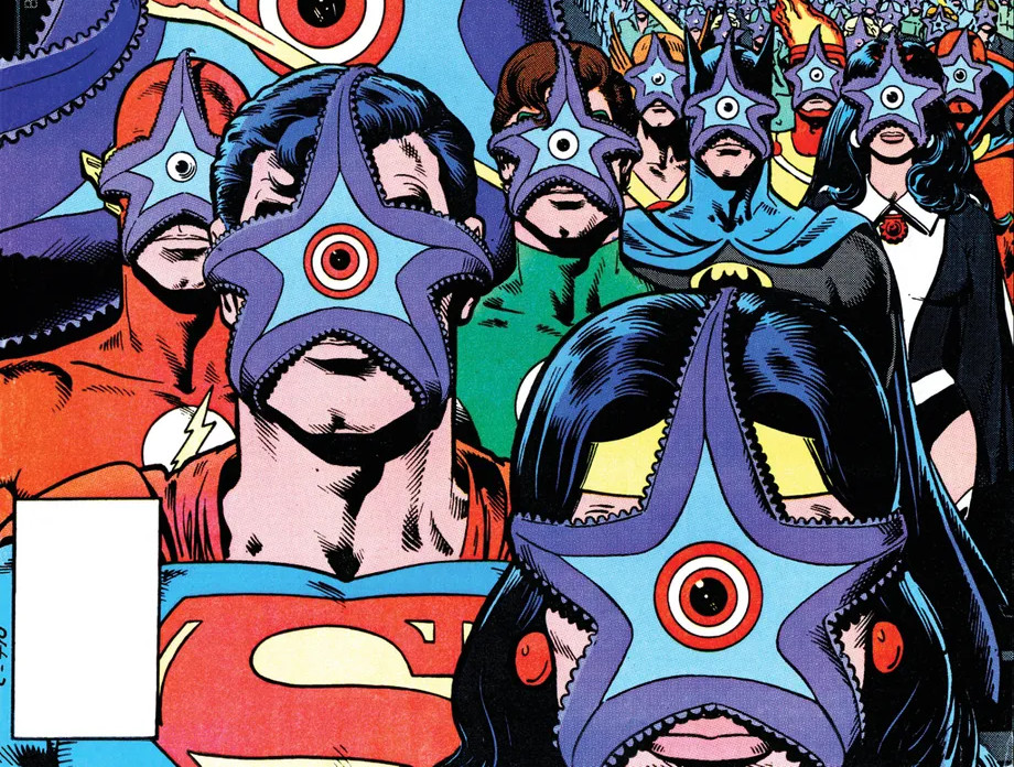 immagine ritagliata della copertina di Justice League of America # 190, che mostra Superman, Flash, Wonder Woman, Lanterna Verde, Batman e altri eroi con stelle marine apposte sui loro volti, che controllano le loro menti