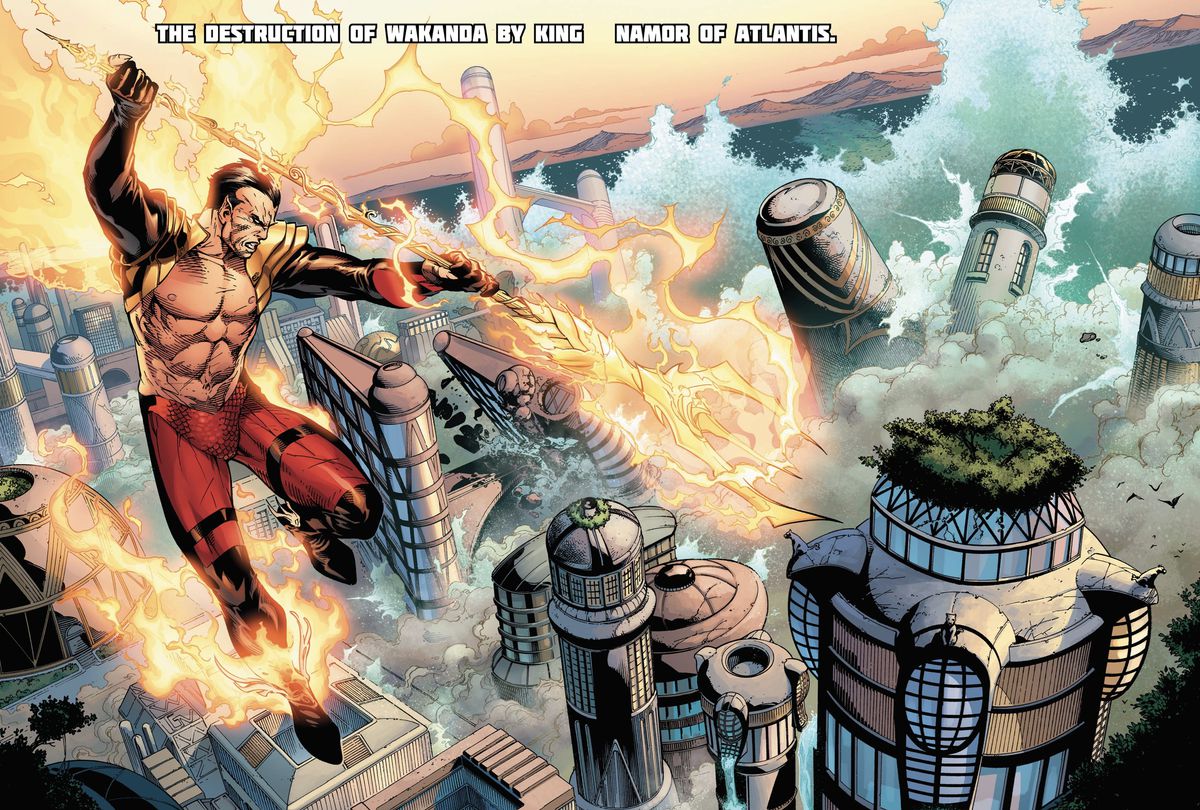 Con i piedi alari fiammeggianti e un enorme tridente infuocato, Namor schiaccia una città del Wakandan sotto un'onda enorme in Avengers vs. X-Men #8 (2021).