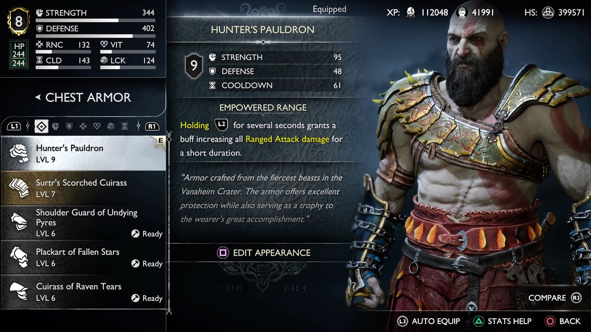 Kratos indossa lo spallaccio del cacciatore in God of War Ragnarok mentre si trova in un menu con la funzione di trasmogrificazione mostrata.