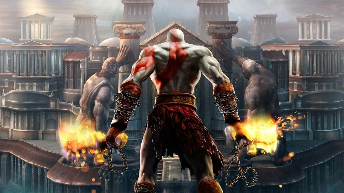 Kratos è in piedi con le spalle alla telecamera a guardare una classica architettura greca.