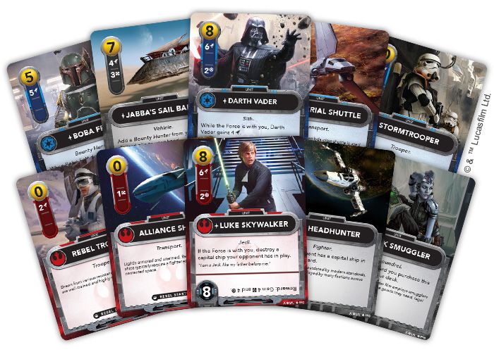 Una vasta gamma di carte tra cui Darth Vader, Luke Skywalker e alcune giostre iconiche come Jabba's Sail Barge.