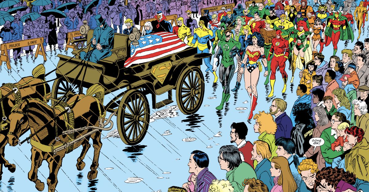 Decine di supereroi, tra cui Lanterna Verde, Wonder Woman, Flash e Aquaman, seguono, sotto la pioggia, dietro il carro funebre di Superman in Superman: Funeral for a Friend. 
