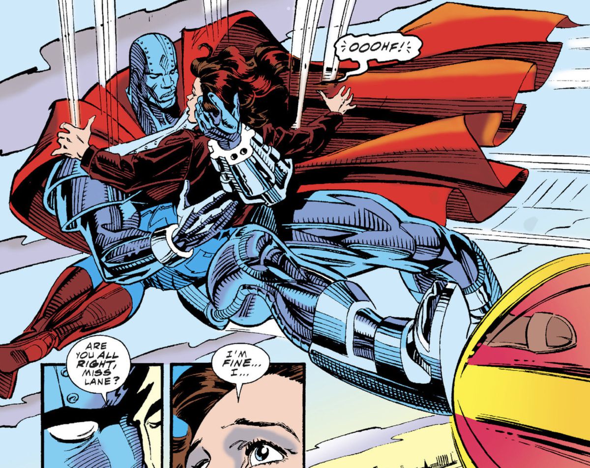 «Sta bene, signorina Lane?»  chiede Steel, nel suo abito metallico con il suo classico mantello da Superman, mentre cattura Lois a mezz'aria in Il regno dei superuomini.