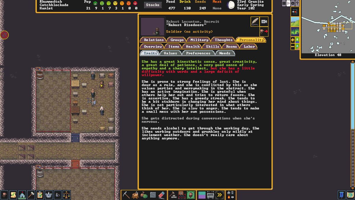 Uno screenshot dei tratti caratteriali di a Master Falegname che soffre anche di alcolismo in Dwarf Fortress su Steam