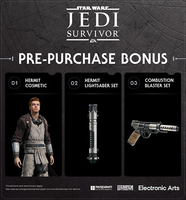 Una grafica per i bonus di prenotazione dell'edizione standard di Star Wars Jedi: Survivor, che include un cosmetico 