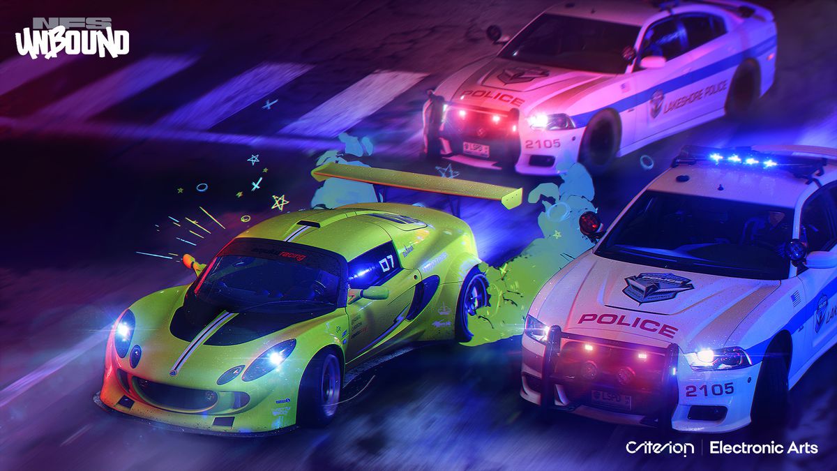 Una Lotus Exige gialla è inseguita da due auto della polizia, con luci blu lampeggianti, in Need for Speed ​​Unbound