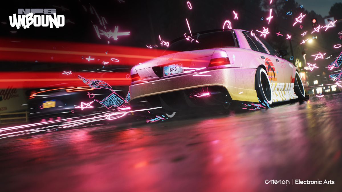 L'inquadratura ravvicinata del retrovisore di un'auto da corsa mette in risalto gli eleganti graffiti e gli effetti di luce che fanno parte di Need for Speed ​​Unbound