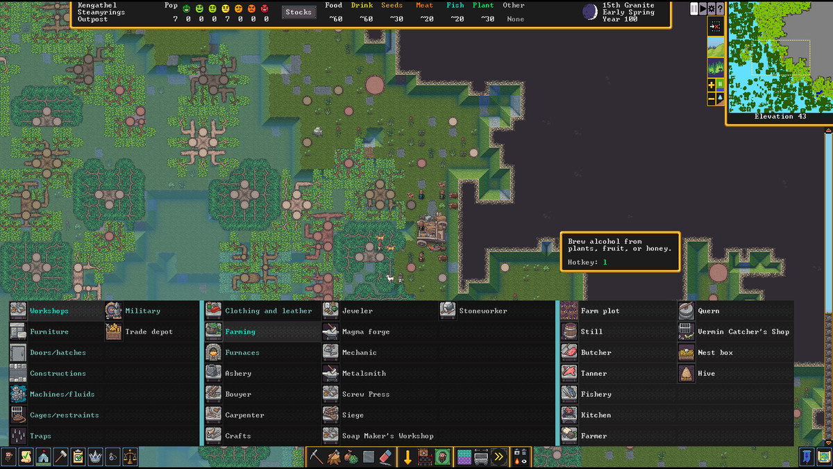 Schermata di Dwarf Fortress con diversi menu nidificati relativi alla costruzione di officine e fattorie.