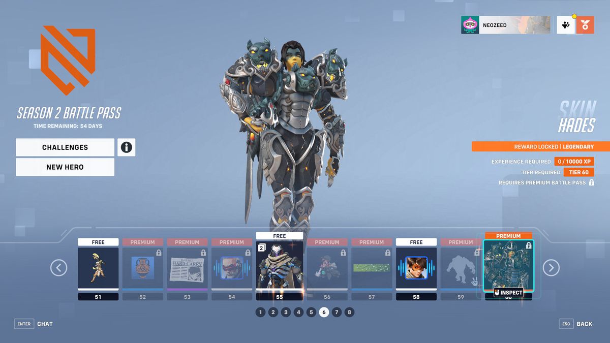 Una schermata del menu di Overwatch 2 che mostra i livelli 51-60 del Battle Pass della stagione 2 e la skin Cerberus di Pharah.