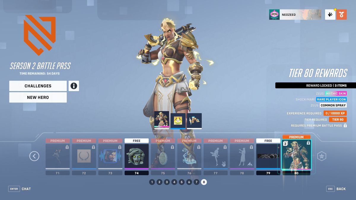 Una schermata del menu di Overwatch 2 che mostra i livelli 71-80 del Battle Pass della stagione 2 e la skin mitica Zeus di Junker Queen