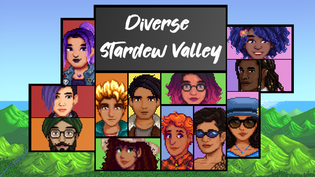 Un'immagine patchwork dei personaggi di Stardew Valley modificati utilizzando Diverse Stardew Valley per offrire una gamma di razze più inclusiva.