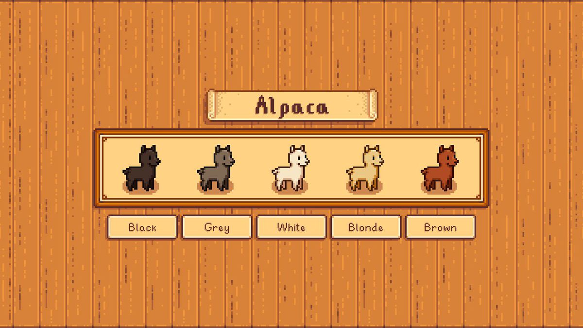 Una serie di sprite di alpaca nello stile di Stardew Valley.  Le opzioni provengono dal mod New Barn Animals.