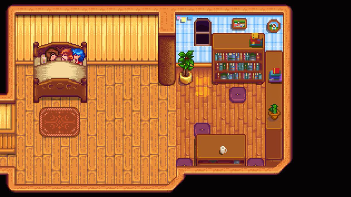 Uno screenshot di Stardew Valley in cui un contadino e due NPC condividono un letto, grazie al Free Amore mod.