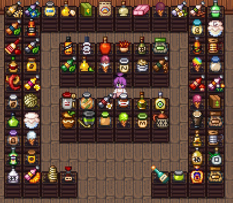 Uno screenshot da una versione modificata di Stardew Valley di Artisan Valley in cui un giocatore è circondato da tonnellate di oggetti artigianali.