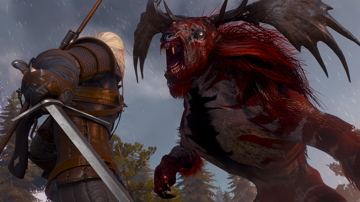 Geralt di Rivia affronta un mostro simile a un minotauro nell'aggiornamento di nuova generazione di The Witcher 3: Wild Hunt su PS5