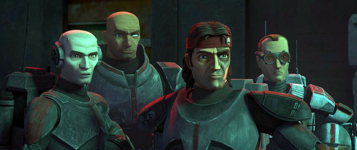 I personaggi di Star Wars: The Bad Batch indossano le loro uniformi militari e hanno facce serie