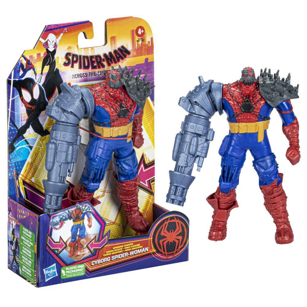 Una variante massiccia di Spider-Man con un braccio canonico in metallo e un'armatura placcata per le spalle si trova accanto alla sua scatola dei giocattoli