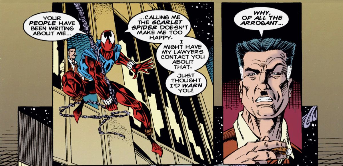 Ben Reilly/The Scarlet Spider oscilla fuori da una finestra a molti piani, indossando la sua caratteristica felpa con cappuccio senza maniche sopra un costume da ragno tutto rosso, mentre prende in giro JJ Jameson in Spider-Man #54 (1995).