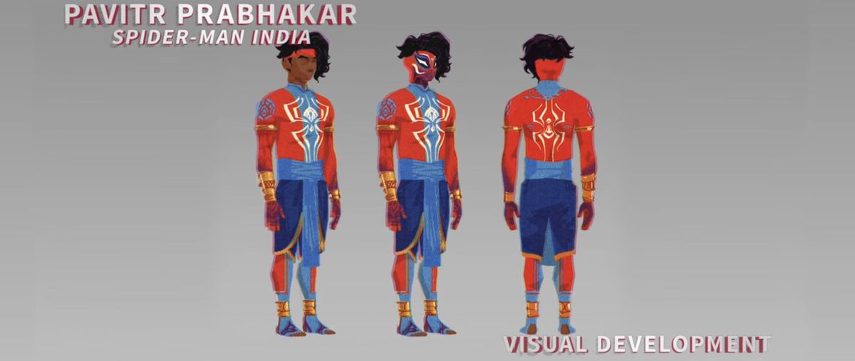 Concept art per “Spider-Man India” alias Pavitr Prabhakar, che indossa maniche lunghe rosse e blu con una maschera che gli copre solo gli occhi