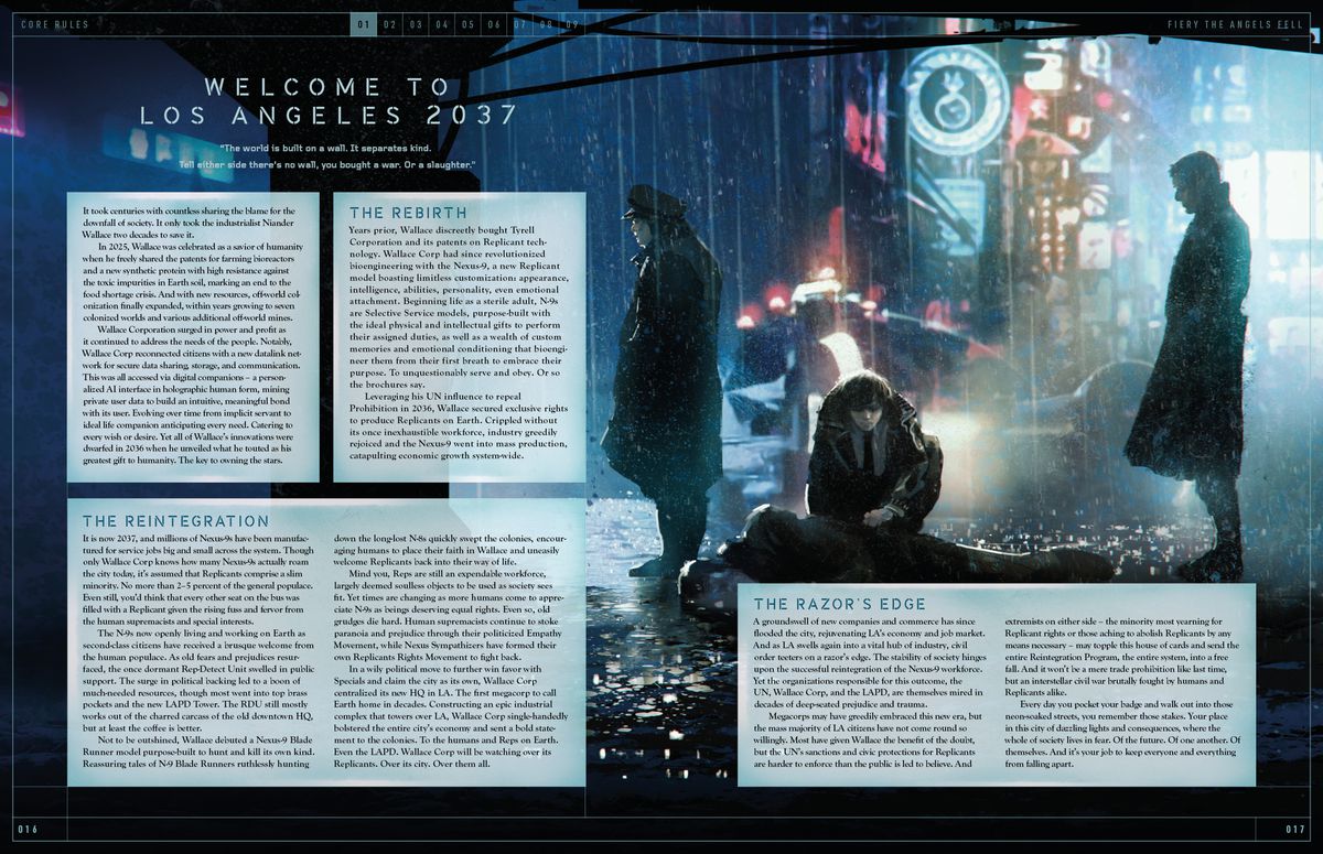 Esempi di spread sulla tradizione di Blade Runner: The Roleplaying Game Core Rules.