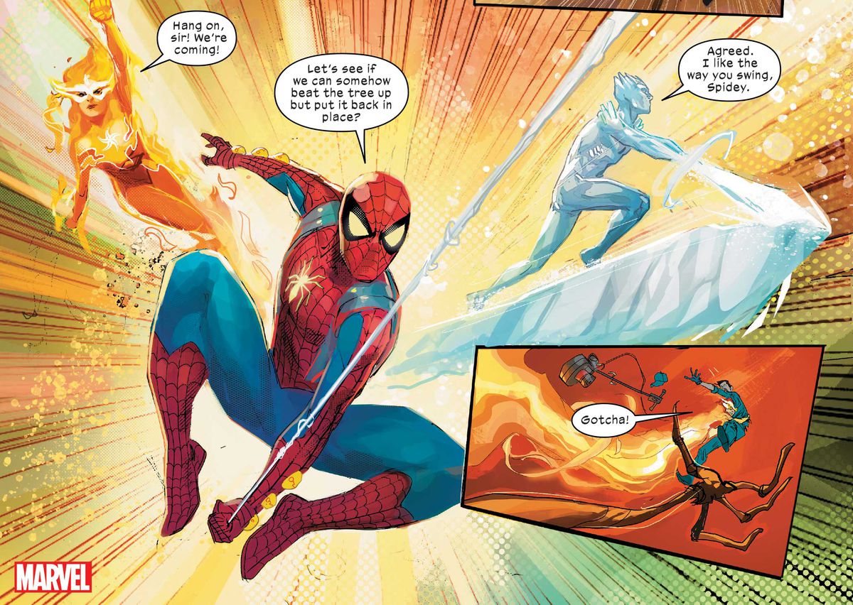 Spider-Man, Iceman e Firestar entrano in azione, condividendo alcune battute mentre vanno a salvare un uomo da una gigantesca mano dall'aspetto di legno