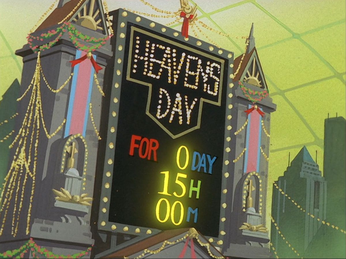 Un cartellone elettronico con la scritta “Heaven's Day” e un conto alla rovescia che segna 15 ore.