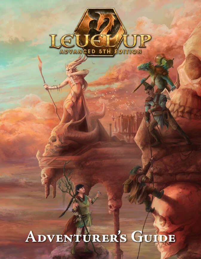 La copertina di Level Up: Advanced 5th Edition's Adventurer's Guide, un libro che parte dall'SRD usando l'OGL per creare una versione più complessa della 5a edizione di Dungeons & Dragons.