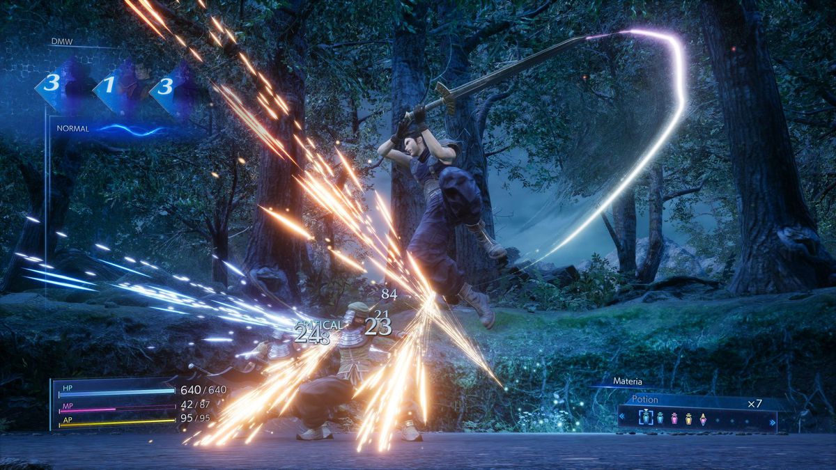 Zack Fair usa un attacco in salto con la sua spada in combattimento in Crisis Core: Final Fantasy 7 Reunion