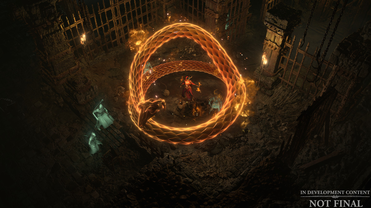 Una maga evoca un gigantesco serpente fiammeggiante in Diablo 4