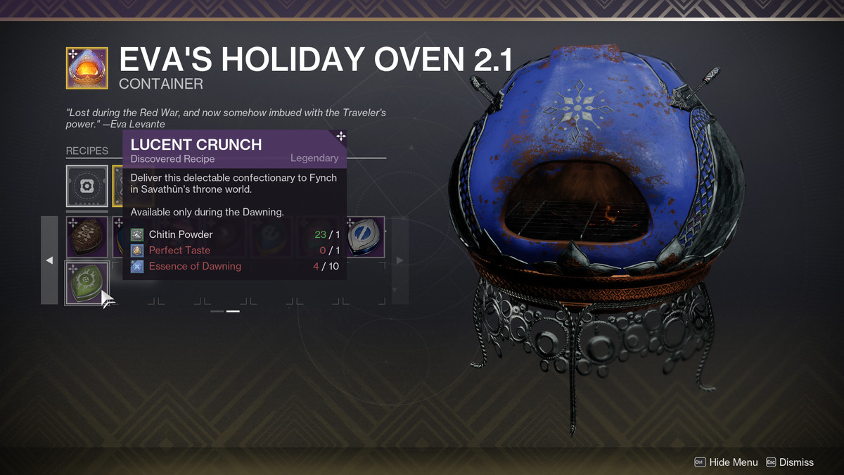 The Holiday Oven in Destiny 2, che mette in evidenza una delle nuove ricette del 2022