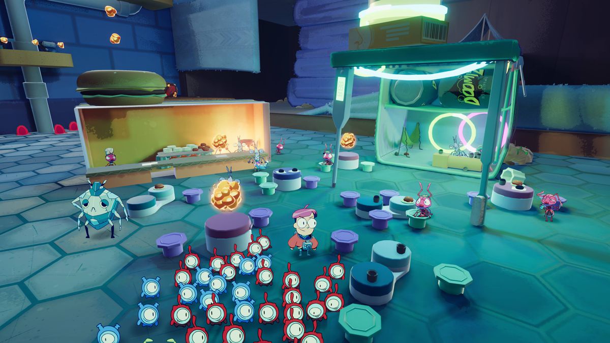L'astronauta protagonista di Tiny Kin guida un gruppo di creature titolari in un'area simile a un diorama nel bagno della casa