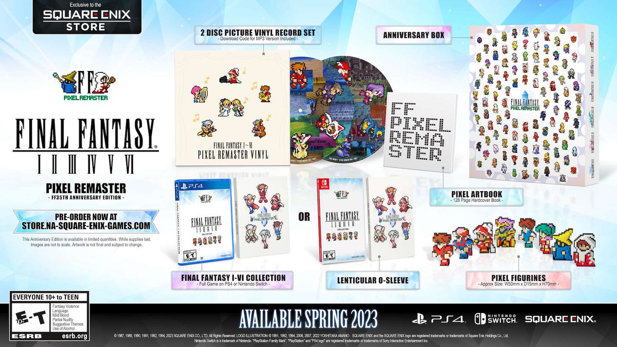 Artwork del pacchetto Final Fantasy Pixel Remaster Anniversary Edition, incluse immagini del set di dischi in vinile con immagini a 2 dischi, artbook, scatole di gioco fisiche e figurine pixel.