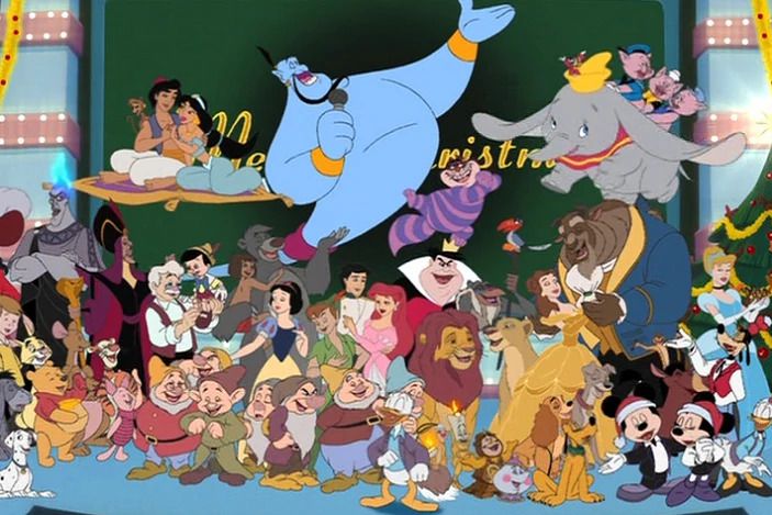 una raccolta di personaggi Disney, tra cui il genio, dumbo, simba e altri, che canta a squarciagola una canzone natalizia