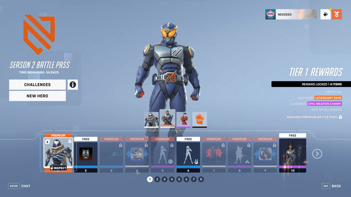 Una schermata del menu di Overwatch 2 che mostra i livelli 1-10 del Battle Pass della stagione 2 e la skin leggendaria Soldier: 76 Bug Hero, che assomiglia a Kamen Rider.
