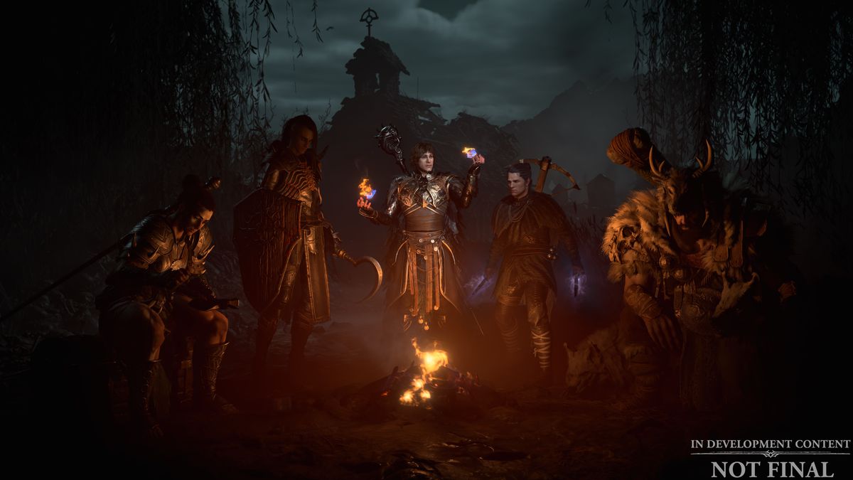 Un barbaro, un negromante, uno stregone, un ladro e un druido si riuniscono attorno a un piccolo falò nella schermata di selezione della classe di Diablo 4.