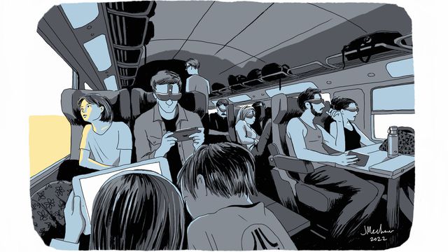 Un'illustrazione mostra persone che giocano a una console di gioco portatile su un treno: una con un visore VR, un'altra con bambini che guardano insieme lo stesso schermo.