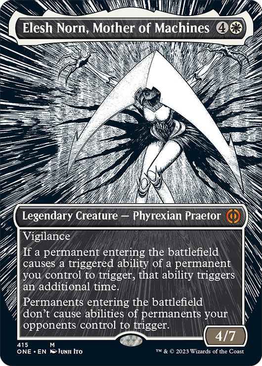 Elesh Norn accovacciata in una postura minacciosa.  La carta mitica è una creatura leggendaria 4/7 con vigilanza.  È reso in bianco e nero.
