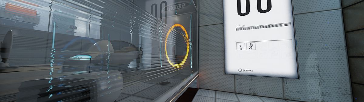 Una camera di prova in Portal con l'aggiornamento RTX abilitato.  Il vetro che separa la camera dal suo ingresso è fotorealistico e le trame su pareti e pavimenti sembrano ruvide e sporche.
